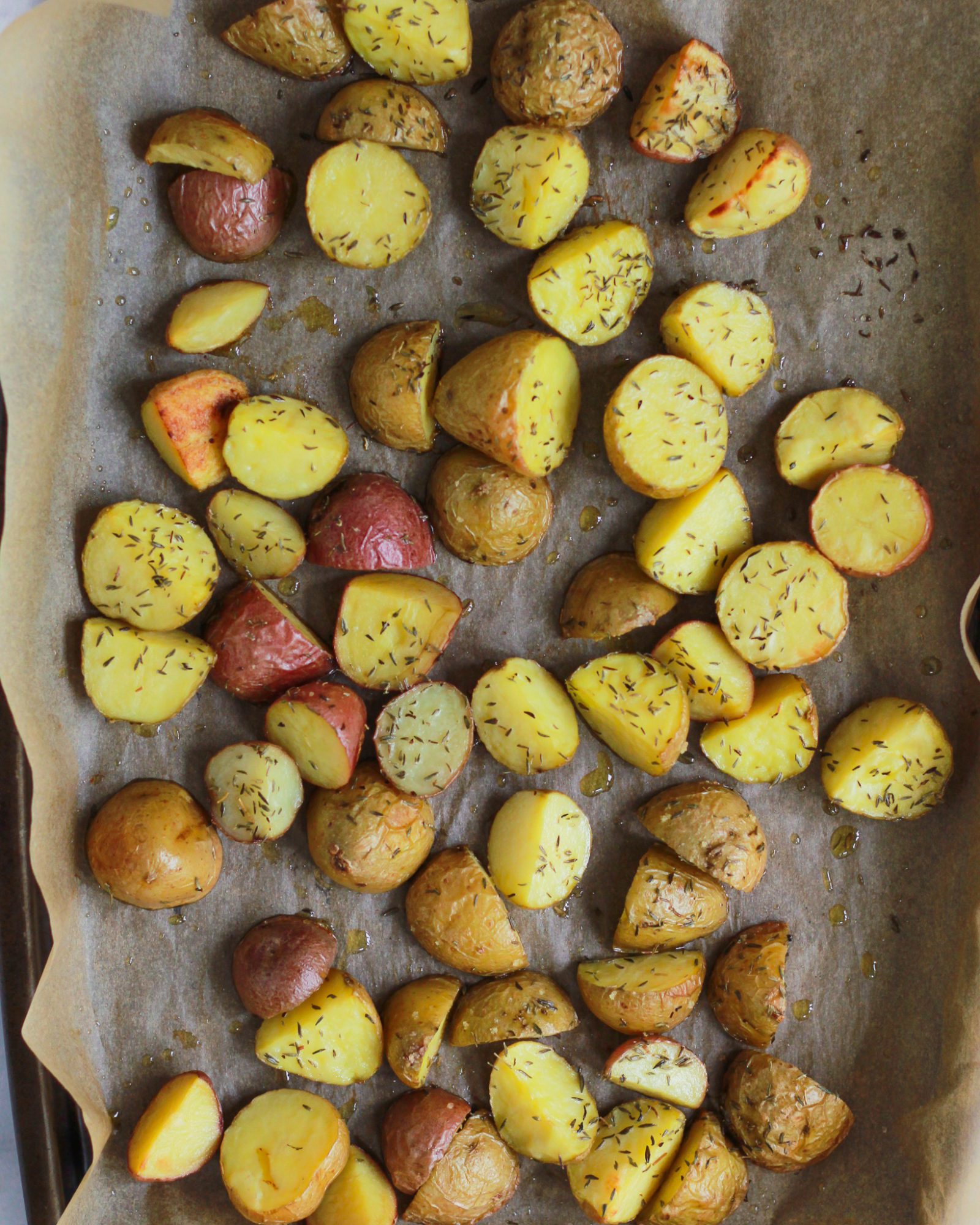 roasted potatoes on pan sheet