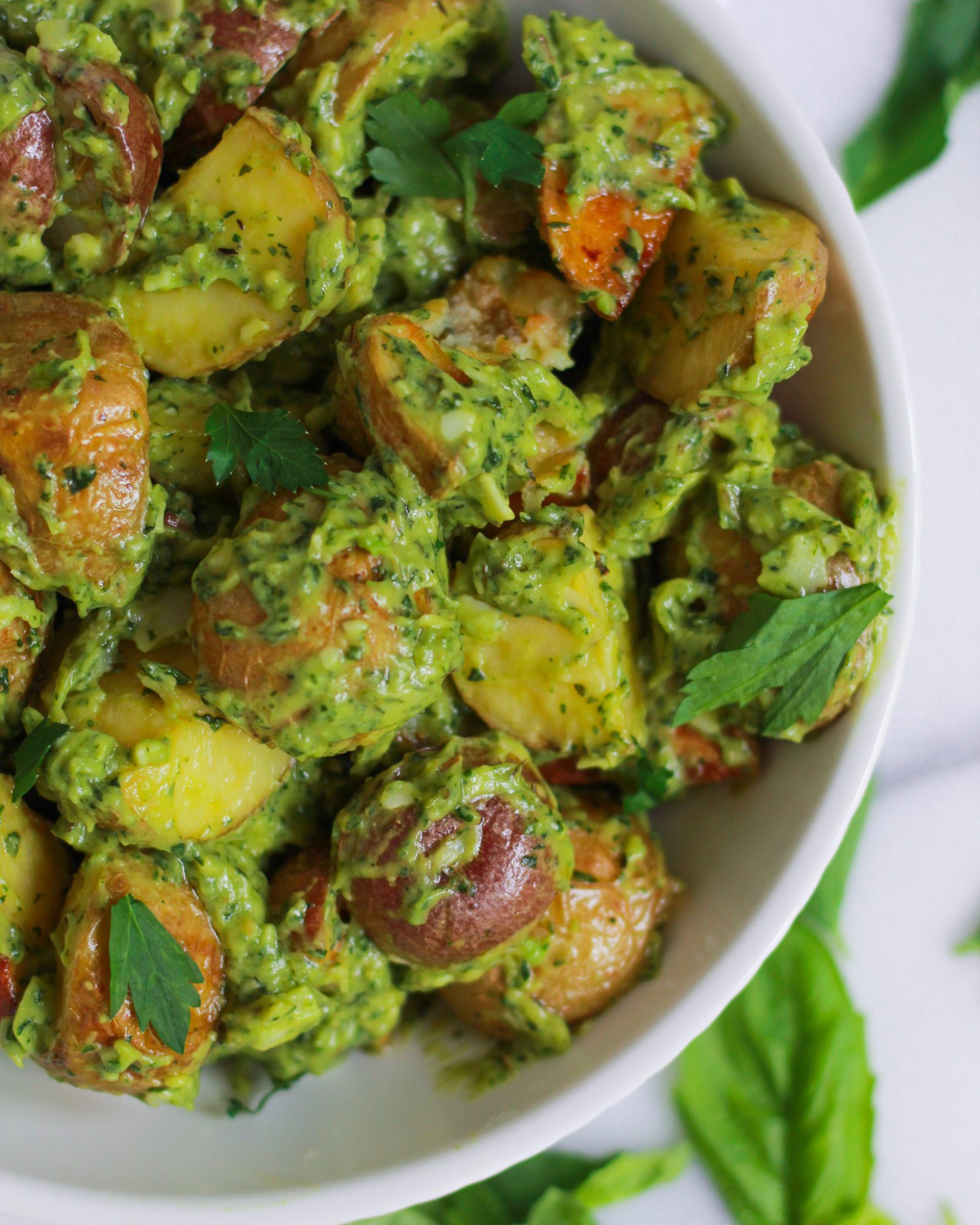 close up of herbed potato salad