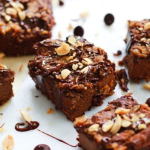 vegan peanut butter swirl brownie drizzled in chocolate