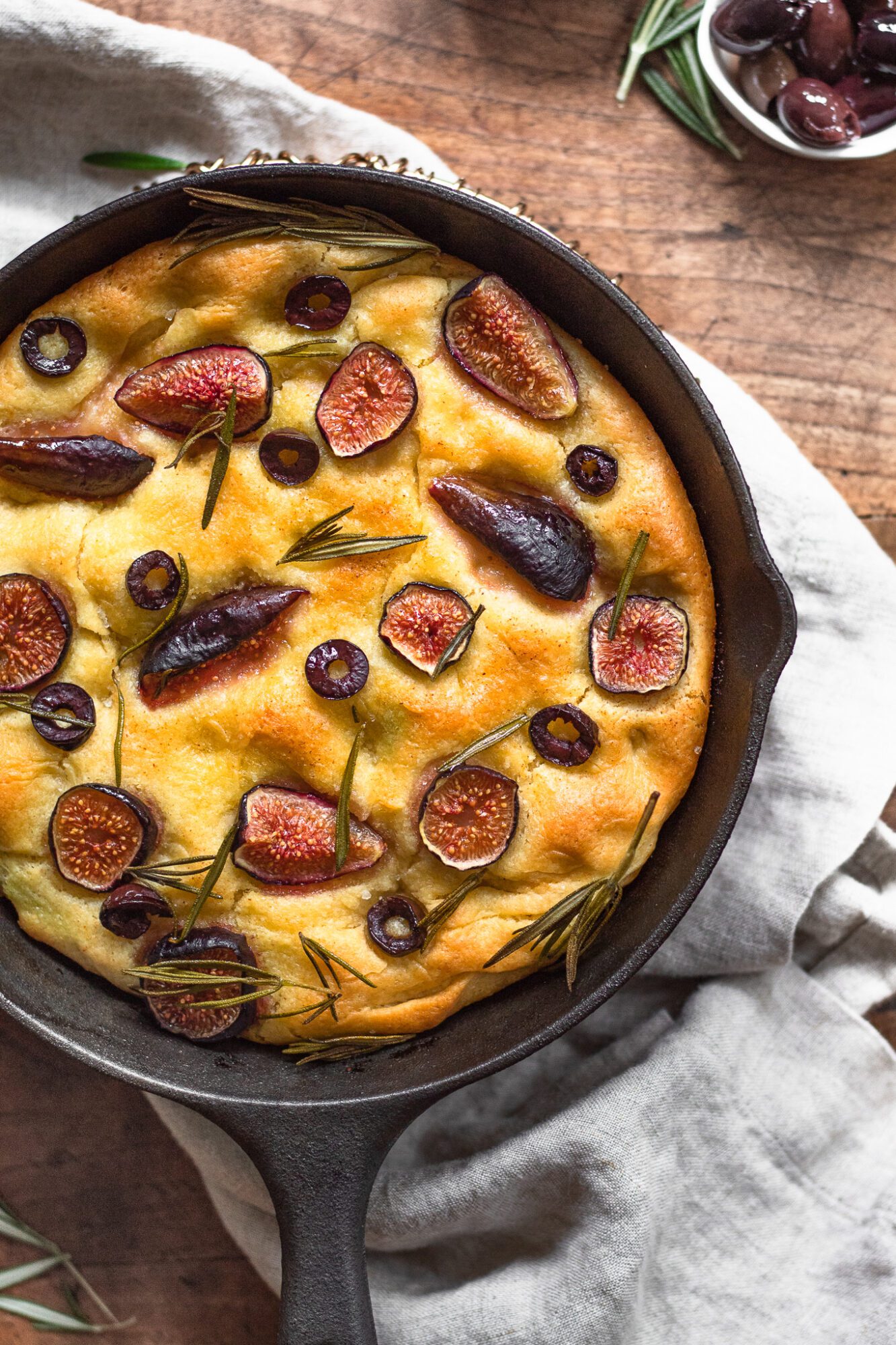 crisp focaccia bread in skillet