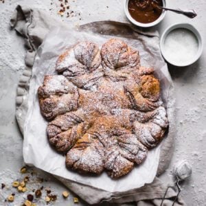 chocolate hazelnut star bread sprinkled in powdered sugar