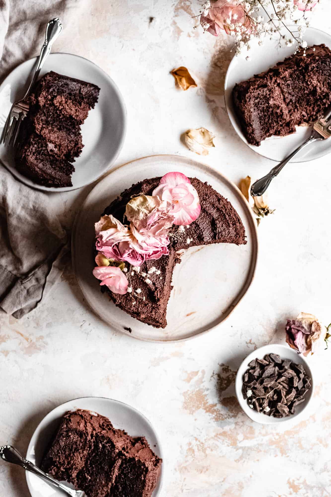 scene with slices of chocolate cake