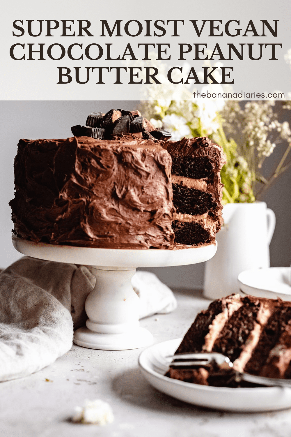Pinterest image for vegan chocolate peanut butter cake recipe