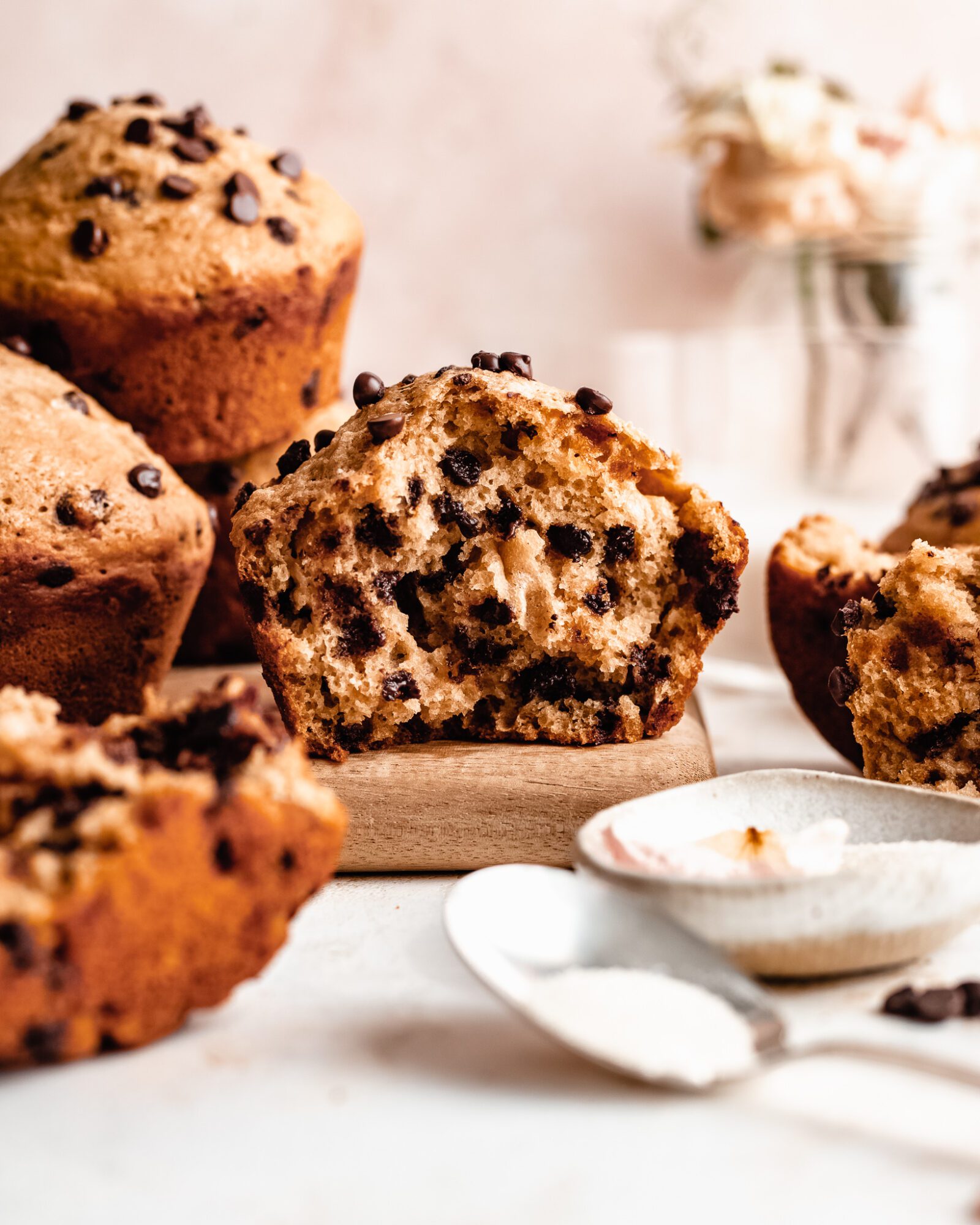 sliced open Bakery Style Vegan Chocolate Chip Muffins (Gluten Free)