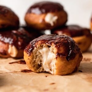 close up of boston cream donut filling