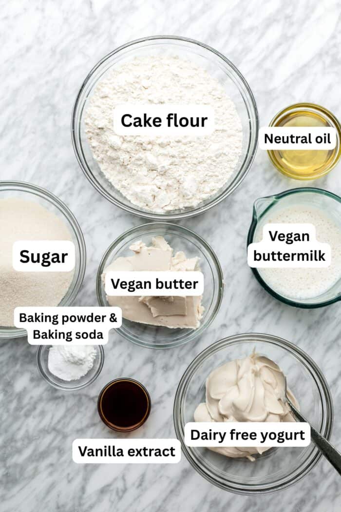 Ingredients laid out on a marble countertop with text over each ingredient.