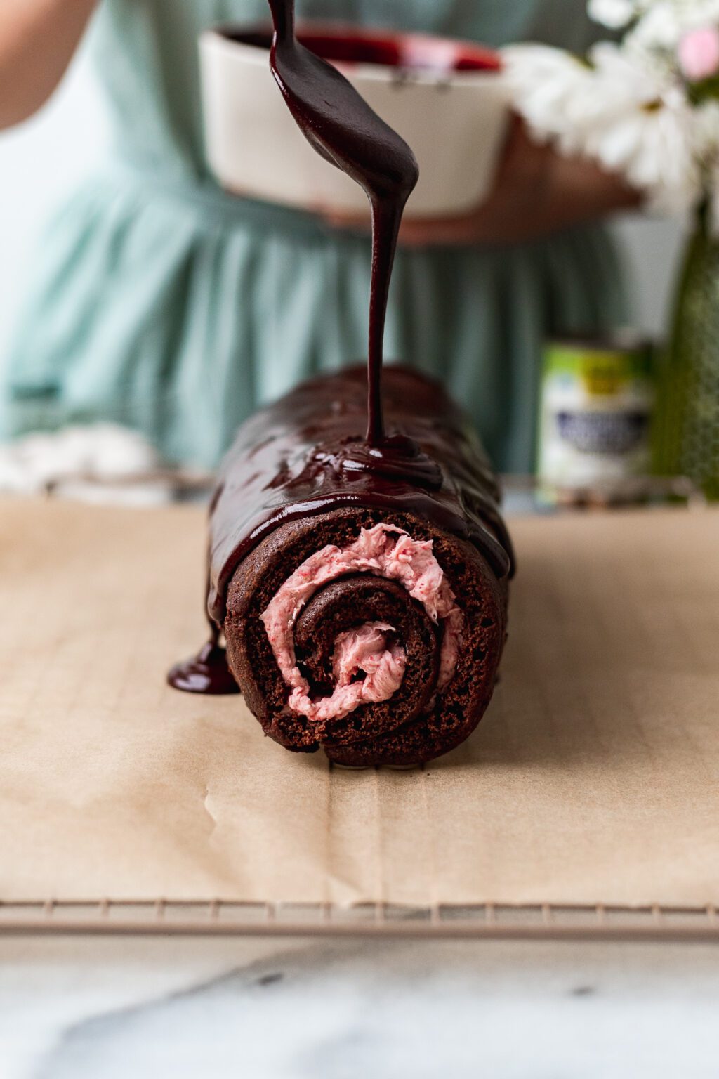 Easy Chocolate Swiss Roll with Strawberry Buttercream (Vegan + Gluten