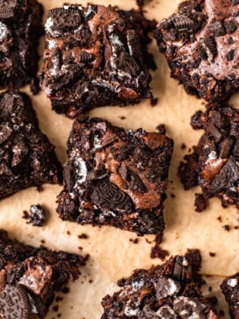 Oreo brownies on parchment paper