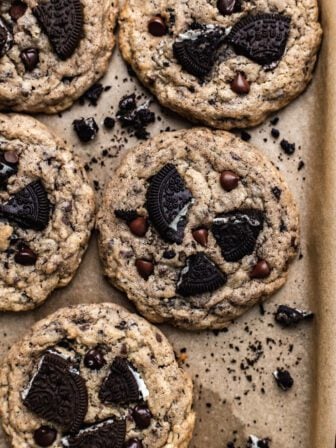 oreo chocolate chip cookies on a baking sheet