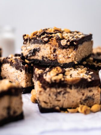 stack of no bake cheesecake bars