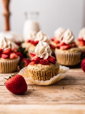 vegan strawberry shortcake cupcakes on a table