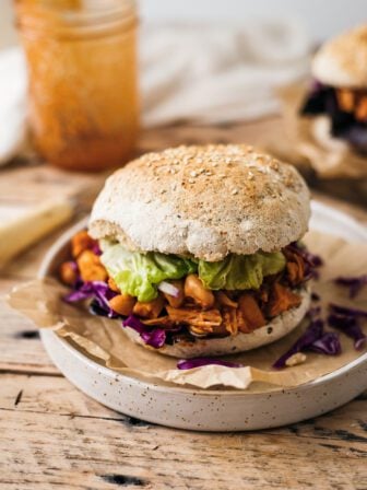jackfruit pulled pork sandwich with vegan slaw