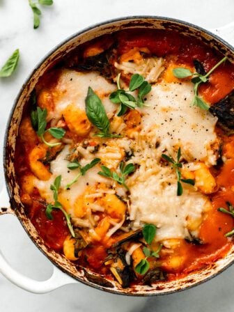 vegan baked gnocchi in a dutch oven