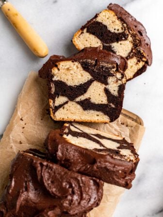 sliced vegan marble loaf cake