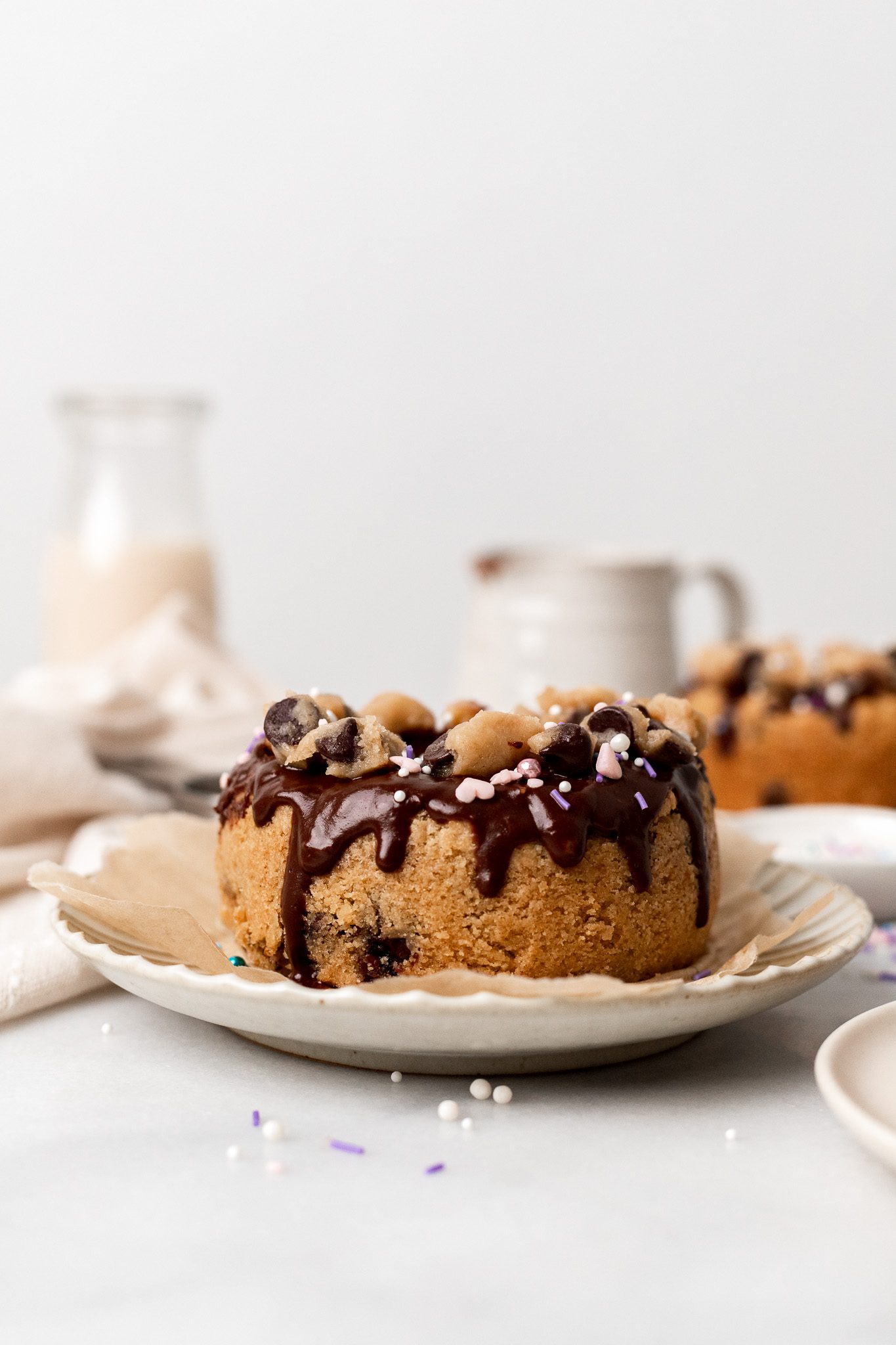 Molten Mini Vegan Chocolate Chip Cookie Cakes with Ganache Frosting (No