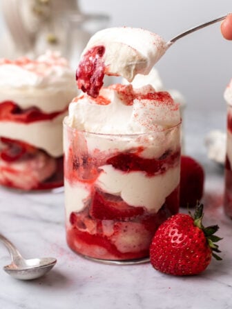 spoon eating vegan strawberry tiramisu
