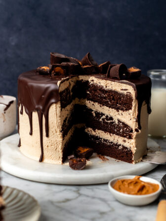 Moist & Rich Vegan Chocolate Peanut Butter Cake on a plate