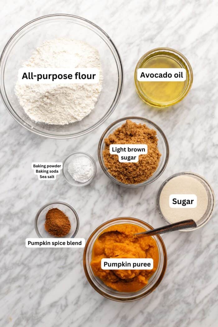 pumpkin bread ingredients on a marble table.