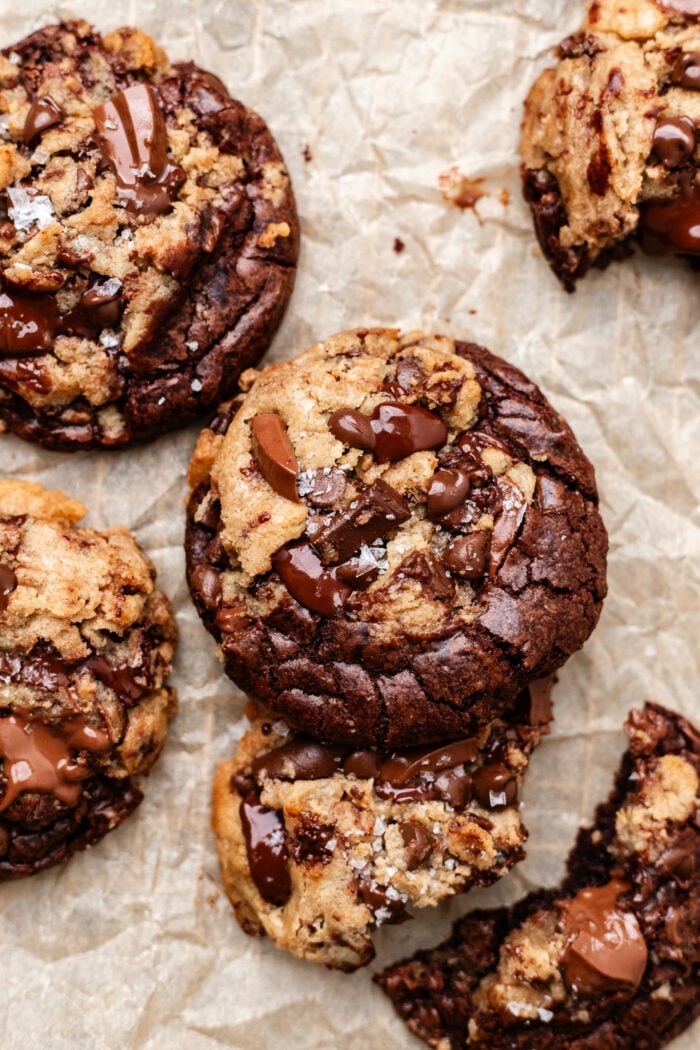 baked brookie cookies on parchment paper