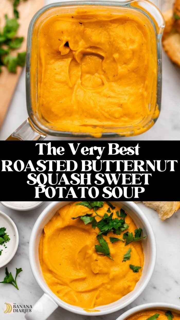 Easy Roasted Butternut Squash & Sweet Potato Soup pinterest pin