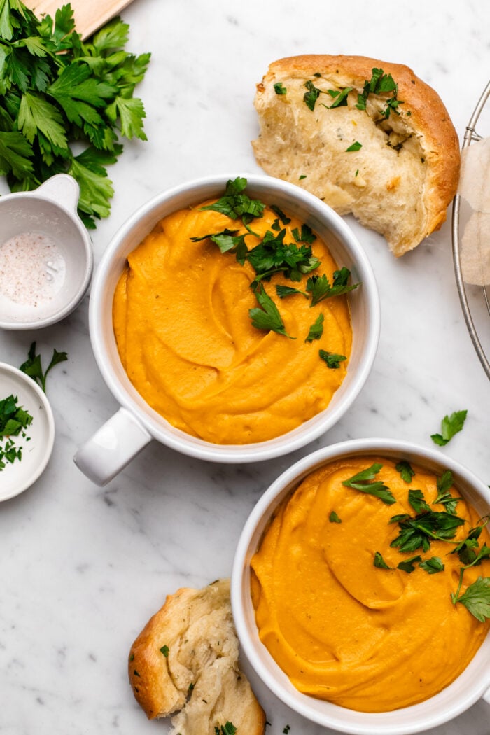 bowls of sweet potato butternut squash soup