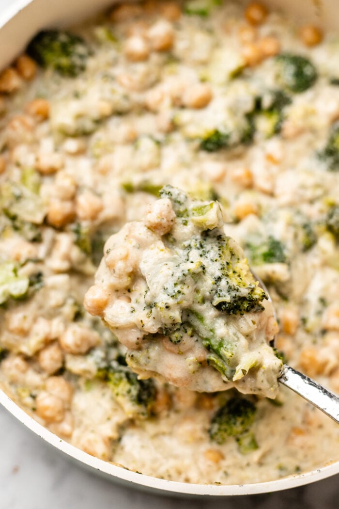 serving the chickpea broccoli alfredo skillet