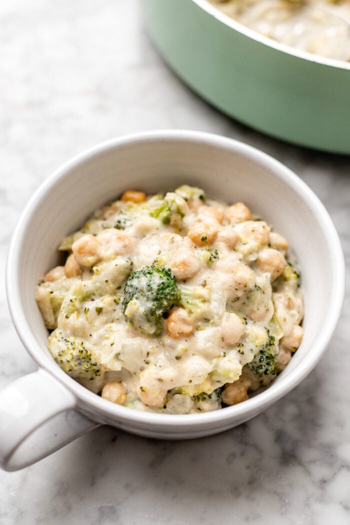 bowl of chickpea broccoli alfredo skillet