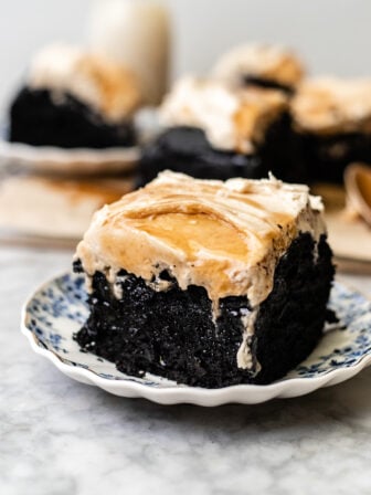 slice of chocolate sticky toffee pudding cake on plate