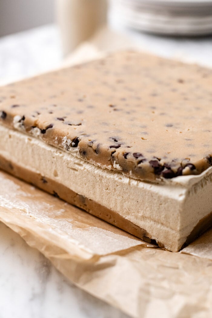 cookie dough ice cream sandwiches before slicing