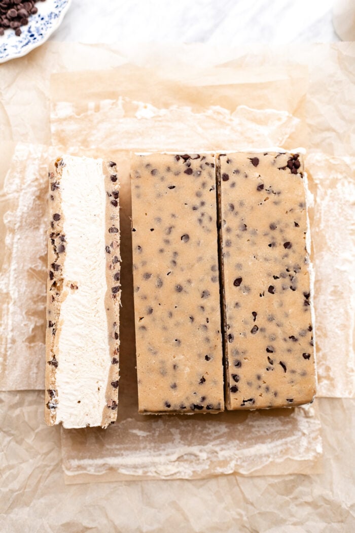 Slicing cookie dough ice cream sandwiches