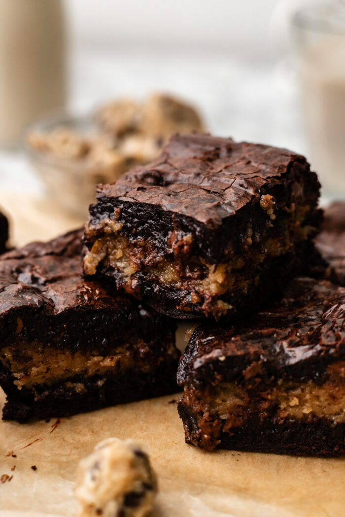 stacked cookie dough brownies