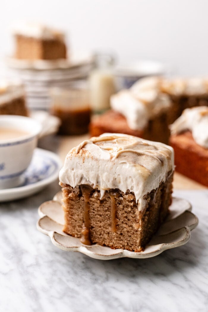 sliced chai spice cake on plate