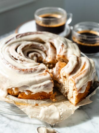 sliced vegan cinnamon roll cake