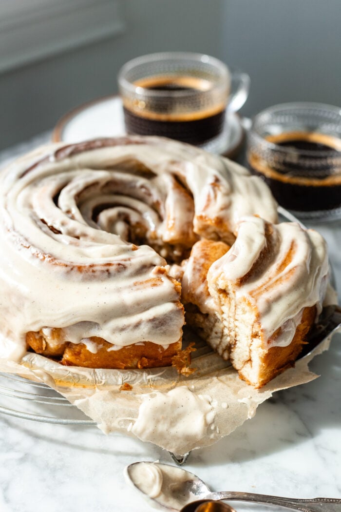 sliced vegan cinnamon roll cake