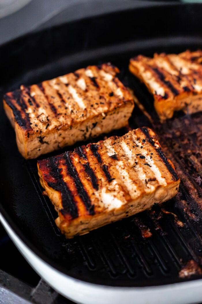 grilled tofu on a grill plate