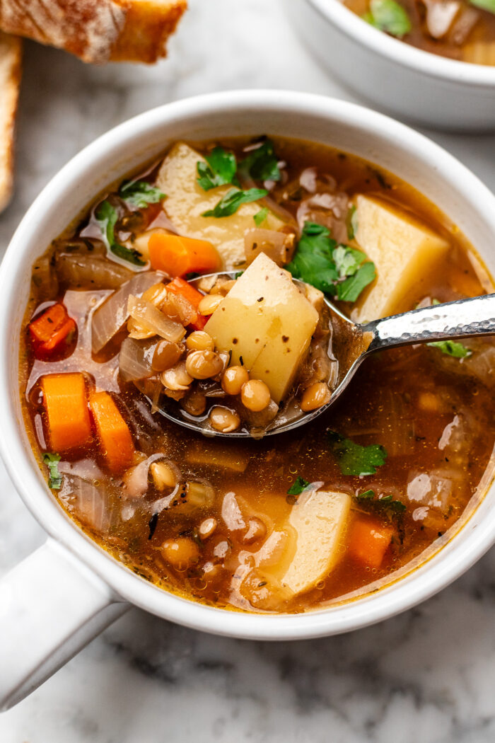 bowl of lentil potato soup