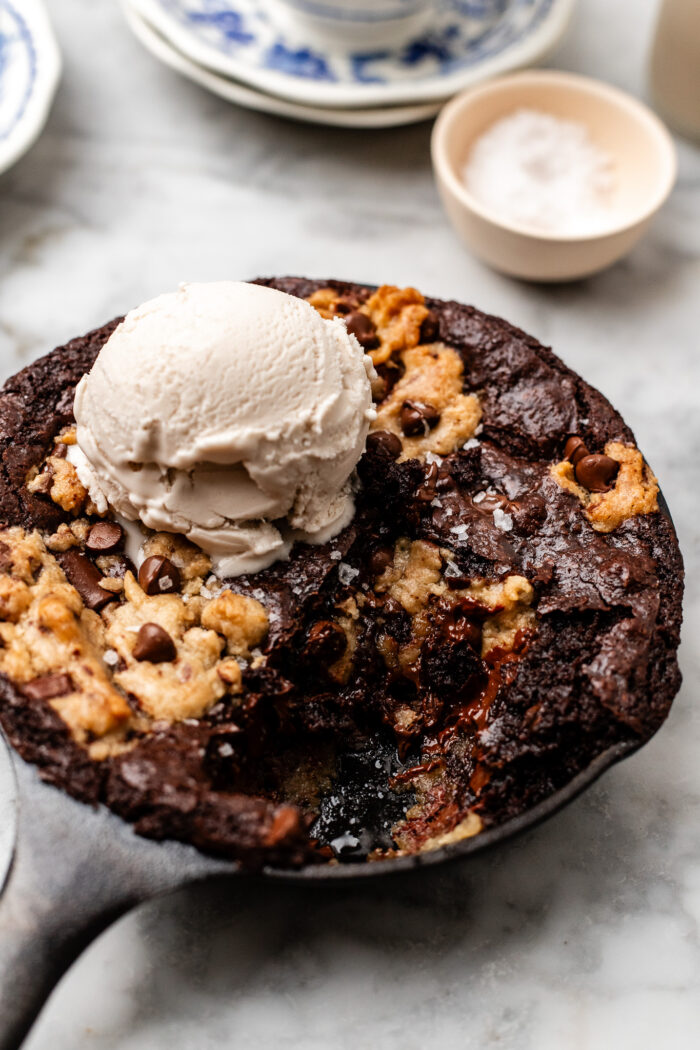 mini cookie skillet on marble