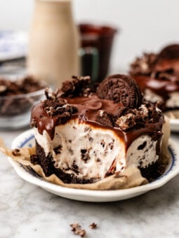 bitten mini oreo cheesecake on a plate
