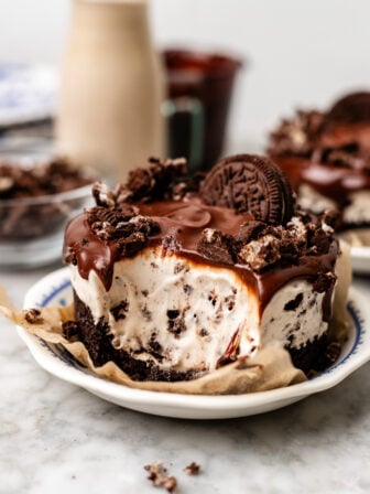 bitten mini oreo cheesecake on a plate