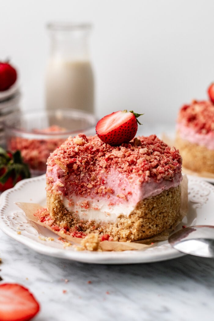 bitten strawberry crunch cheesecake