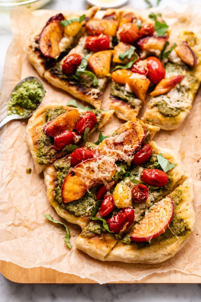 sliced vegan peach flatbread pizzas