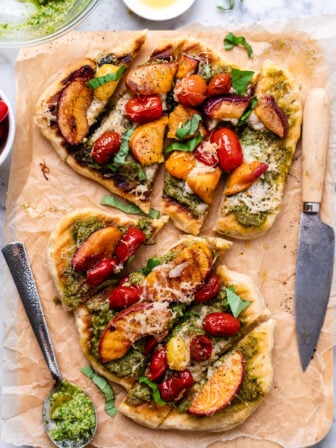 sliced vegan peach pesto flatbread pizzas