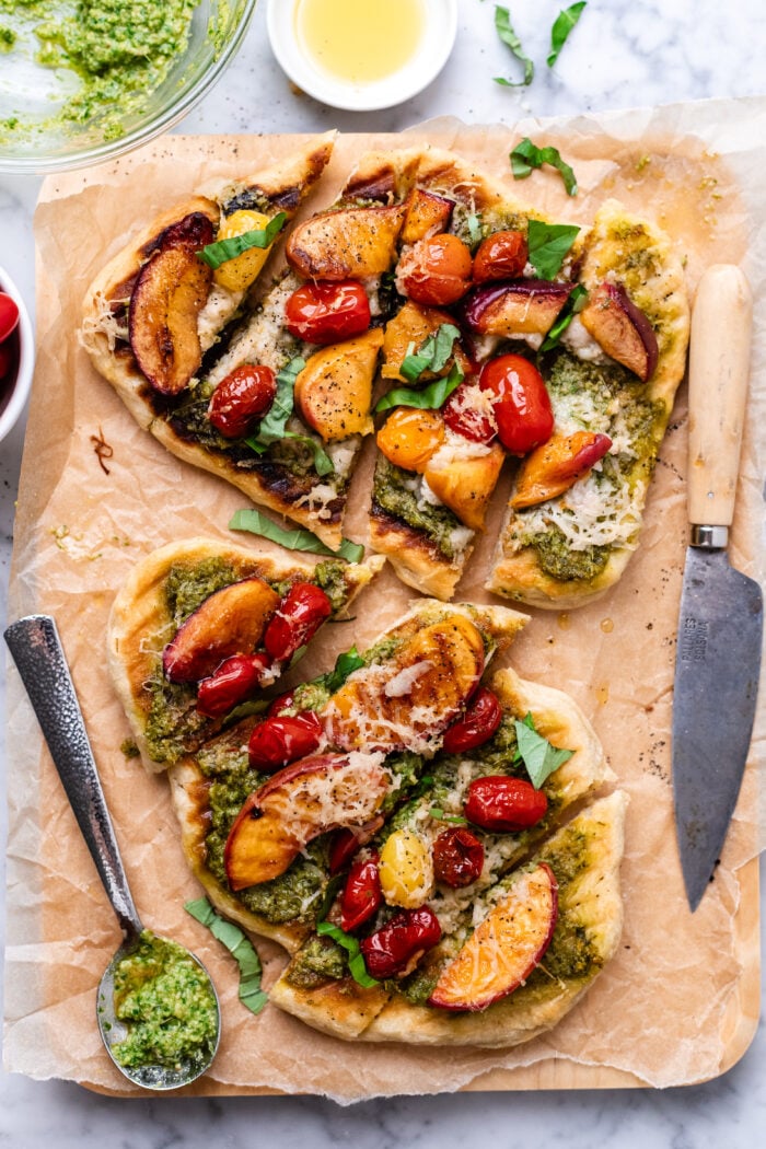 sliced vegan peach pesto flatbread pizzas