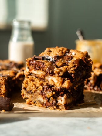 stacked peanut butter cookie cheesecake bars