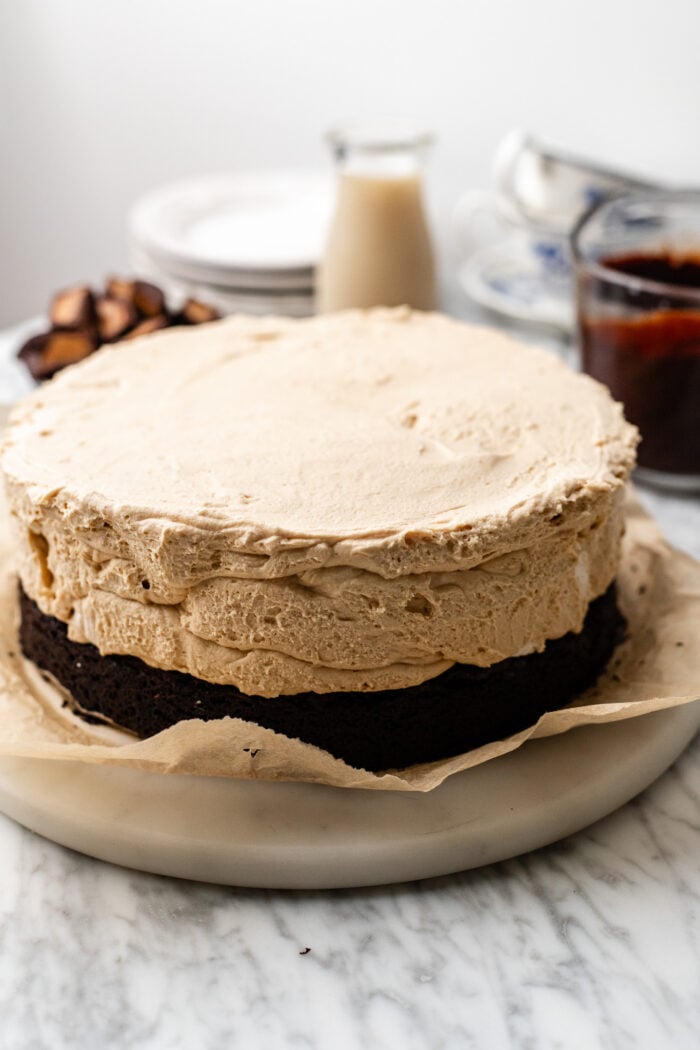 assembling the peanut butter mousse cake