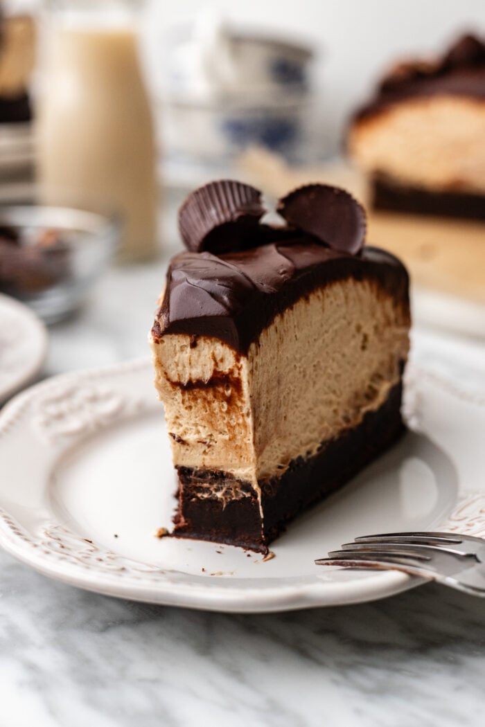 bitten slice of peanut butter mousse cake