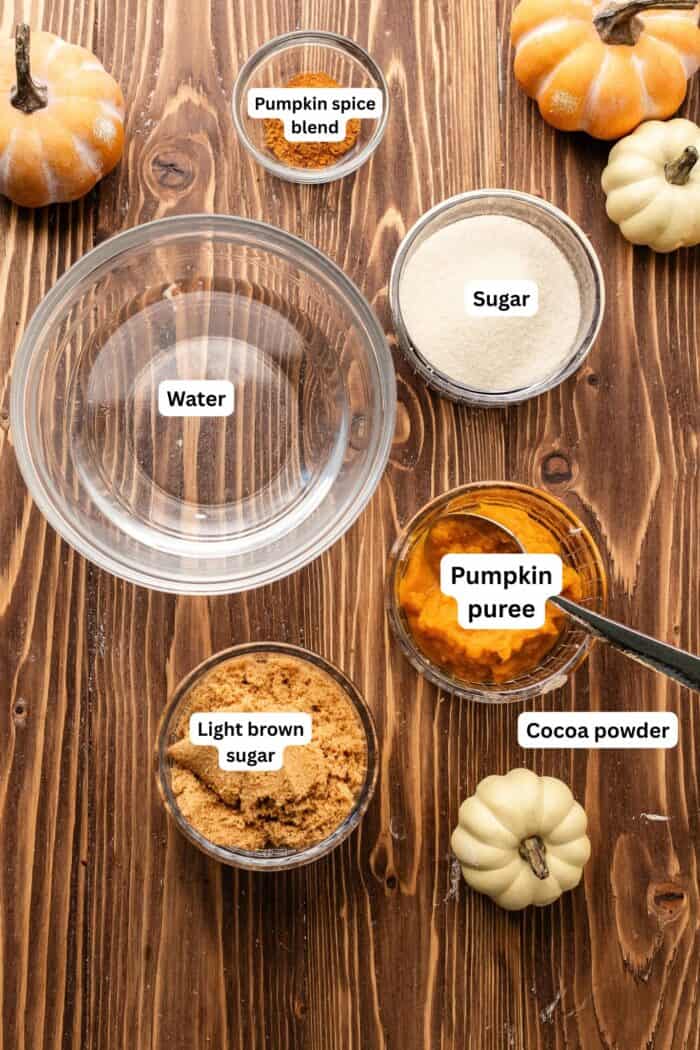 Overhead view of bowls containing water, pumpkin spice blend, sugar, pumpkin puree, light brown sugar, and cocoa powder arranged on a wooden table with small pumpkins.