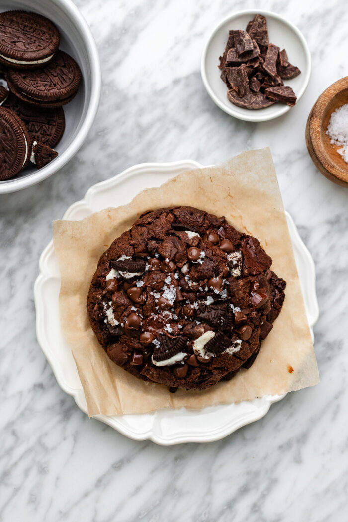 giant single serve nutella oreo double chocolate chip cookie on a plate