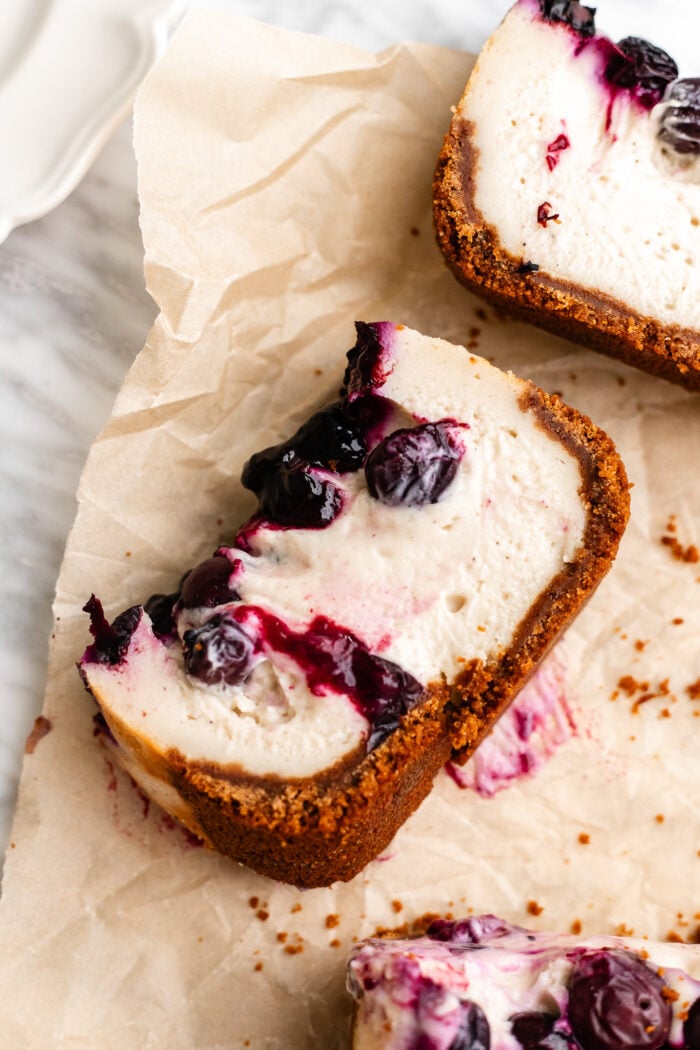 sliced vegan Basque cheesecake 