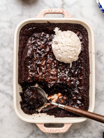 scooped out brownie pudding with ice cream